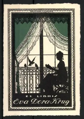 Exlibris Eva Dora Krug, Silhouette einer lesenden Frau am Fenster