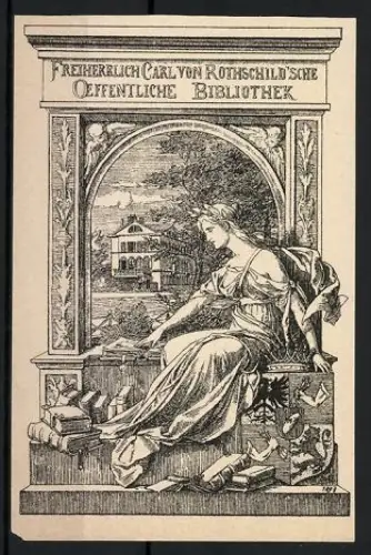 Exlibris Freiherrlich Carl von Rothschild`sche Öffentliche Bibliothek, Klassische Muse mit Wappen