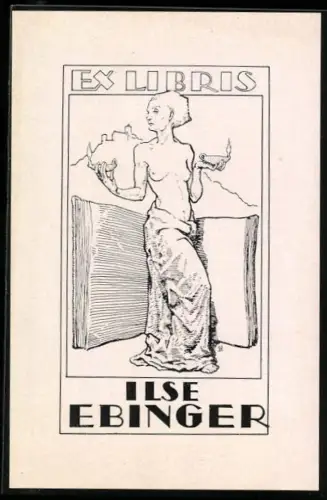 Exlibris Ilse Ebinger, Nackte Dame mit Öllampen und Schloss im Hintergrund