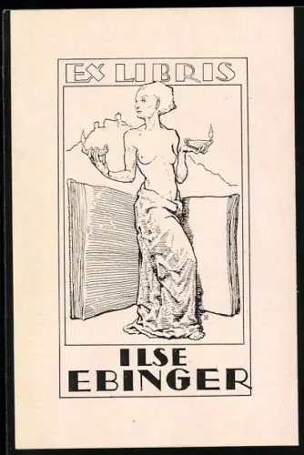 Exlibris Ilse Ebinger, Nackte Dame mit Öllampen und Buch
