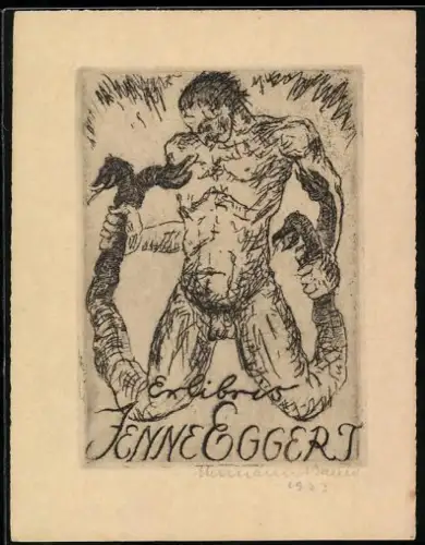 Exlibris Jenne Eggert, Mann im Kampf mit seinen Schlangenbeinen