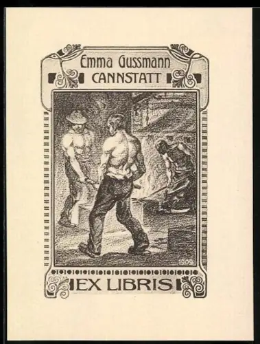Exlibris Emma Gussmann, Drei Schmiede bei der Arbeit