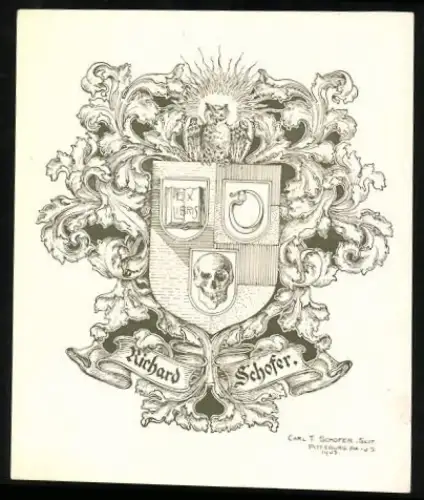 Exlibris Richard Schofer, Wappen mit Eule und Totenkopf