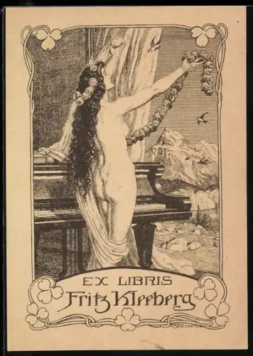 Exlibris Fritz Kleeberg, Nackte Dame mit Blumengirlanden am Klavier, Jugendstil