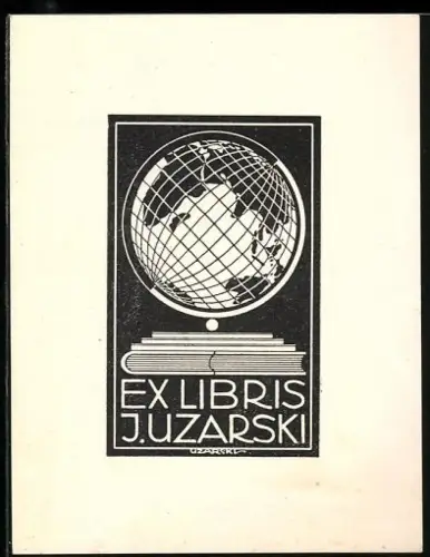 Exlibris J. Uzarski, Globus auf Büchern