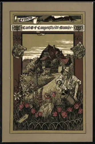 Exlibris Carl G. F. Langenscheidt, Gärtner im Blumenbeet vor einer Villa, Wappen