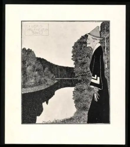 Exlibris Carl Friedrich Schulz, Skelett betrachtet eine Flusslandschaft