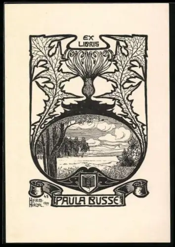 Exlibris Paula Busse, Landschaftsmotiv im botanischen Rahmen, Jugendstil