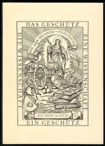 Exlibris Fritz Mouths, Die Wissenschaft als Geschütz, Bücherstapel, Wappen