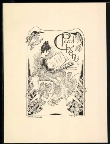 Exlibris Paul Chenut, Lesende Dame im Jugendstil-Rahmen