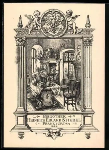 Exlibris Heinrich Eduard Stiebel, Studierzimmer gerahmt von Säulen, Putten und Wappen
