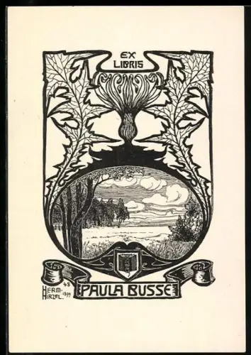 Exlibris Paula Busse, Landschaft im floralen Jugendstil-Rahmen