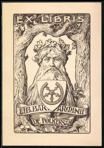 Exlibris Lib. Bar. Arminii de Folkersam, Wilder Mann mit Eichenkranz und Wappen