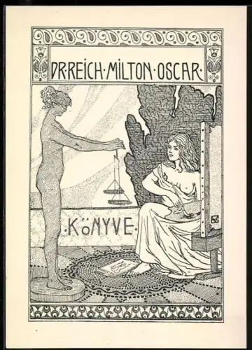 Exlibris Dr. Reich Milton Oscar, Halbnackte Künstlerin mit Justitia