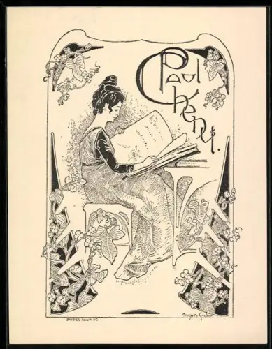 Exlibris Paul Chenut, Lesende Frau im Jugendstil-Rahmen