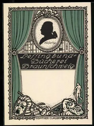 Exlibris Lessingbund-Bücherei Braunschweig, Profil von G. E. Lessing vor Bücherregal