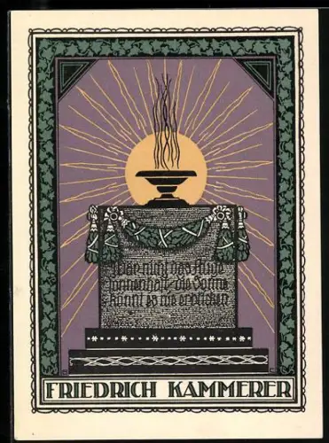 Exlibris Friedrich Kammerer, Altar mit Flammen vor Sonnenstrahlen