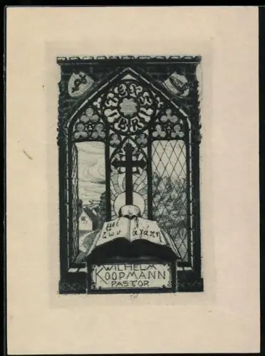 Exlibris Pastor Wilhelm Koopmann, Bibel im Kirchenfenster, Wappen