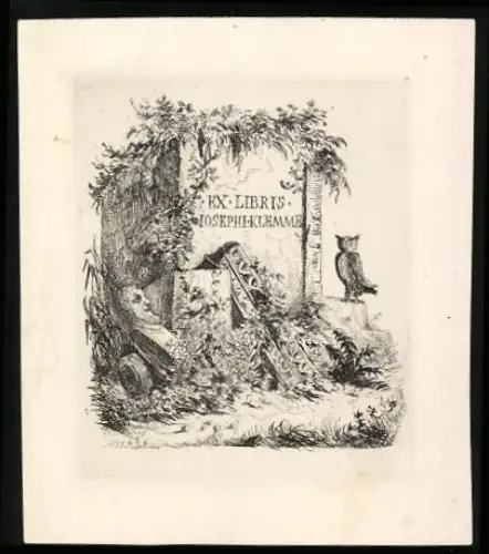Exlibris Joseph Klemme, Eule mit bewachsenen Büchern und Büste