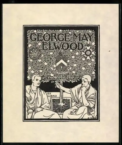 Exlibris George May Elwood, Zwei Römer unter einem Apfelbaum, Wappen