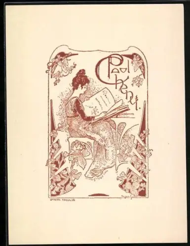 Exlibris Paul Chenut, Lesende Dame umgeben von Ranken, Jugendstil