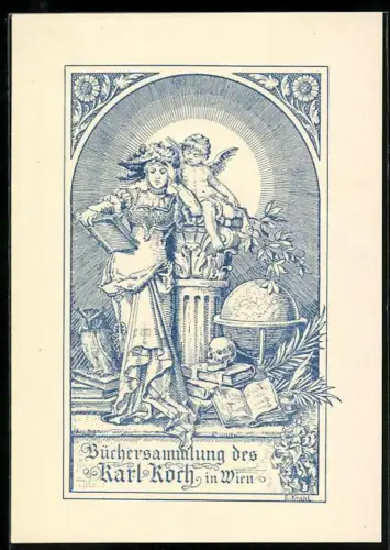 Exlibris Karl Koch, Putte sitzt auf einem Säulenkapitell, Eule, Totenkopf