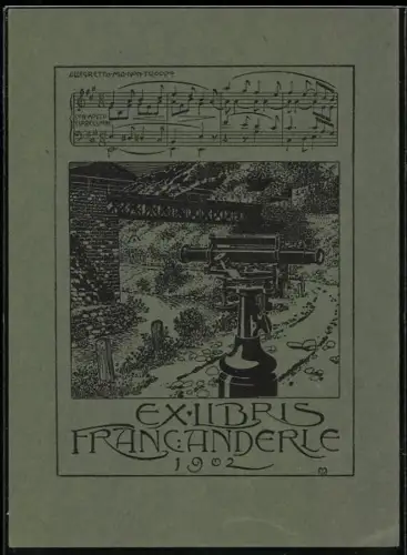 Exlibris Franc Anderle, Nivelliergerät am Flussufer, Notenzeile, 1902