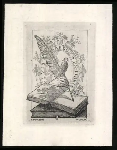 Exlibris R. Carcedo, Falke auf einer schreibenden Hand