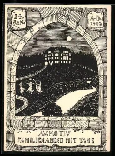 Exlibris A. V. Motiv, Familienabend mit Tanz vor einer Villa