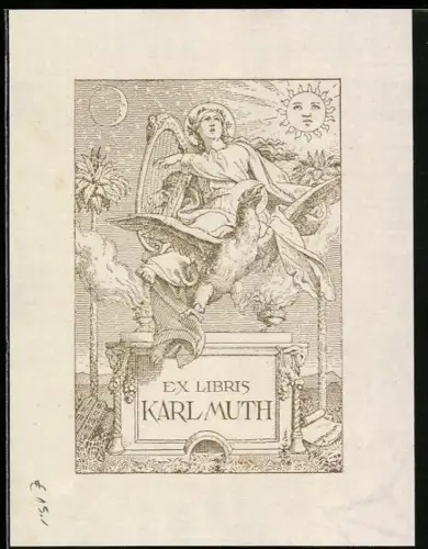 Exlibris Karl Muth, Harfespielerin und Phönix über einem Altar