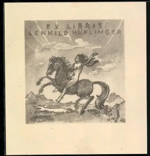 Exlibris Lenhild Höflinger, Nackte Reiterin in den Bergen