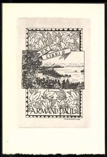 Exlibris Armand Paul, Seenlandschaft im Blätter-Rahmen