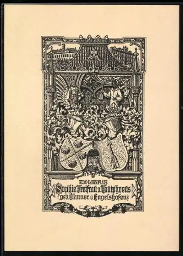 Exlibris Sophie Freifrau v. Tautphoeus, Zwei Wappen im Architektur-Rahmen