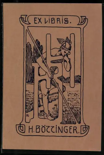 Exlibris H. Böttinger, Hermes mit Initialen H. B., Jugendstil