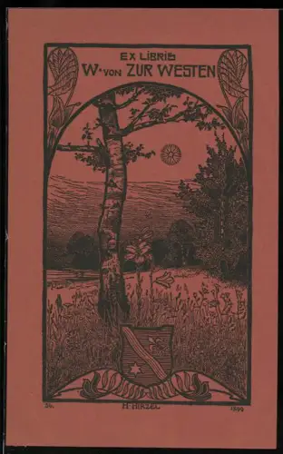 Exlibris W. von Zur Westen, Landschaftsmotiv im Jugendstil-Rahmen, Wappen