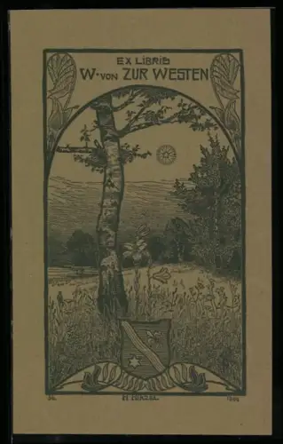 Exlibris W. von Zur Westen, Landschaft im Jugendstil-Rahmen, Wappen