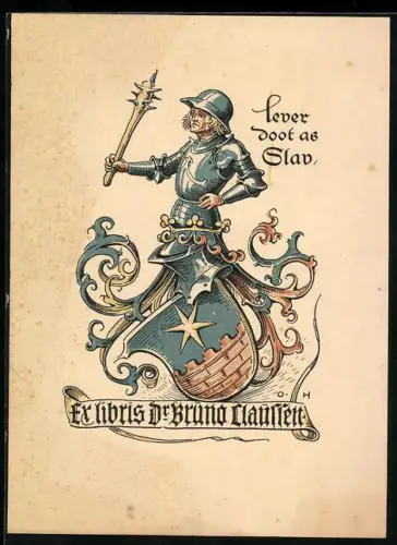 Exlibris Dr. Bruno Claussen, Ritter in Rüstung mit Wappen