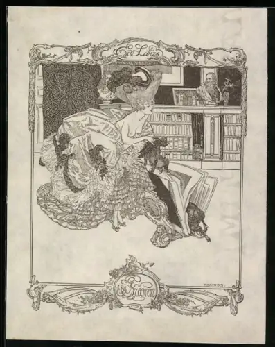 Exlibris E. A. Steeven, Halbnackte Dame hebt Fabelwesen aus einem Buch