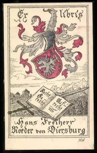 Exlibris Hans Freiherr Roeder von Diersburg, Wappen und Landschaft