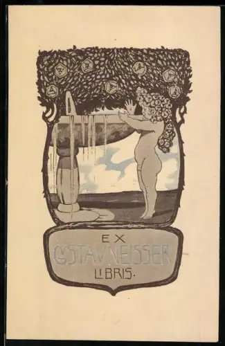 Exlibris Gustav Neisser, Kind am Brunnen, Jugendstil