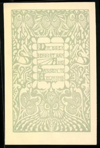 Exlibris Aug. Sassen te Helmond, Ornamentales Eulenmotiv