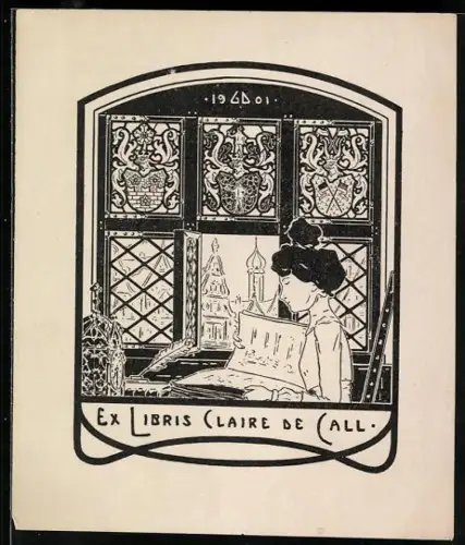 Exlibris Claire de Call, Lesende Frau am Fenster, Wappen, Jugendstil