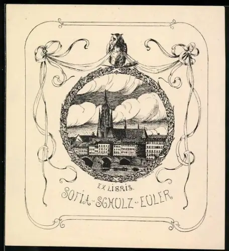 Exlibris Sofia Schulz-Euler, Frankfurter Dom im Rahmen mit Eule