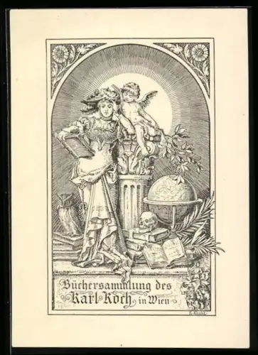 Exlibris Karl Koch, Wien, Putte auf einem Säulenkapitell, Totenkopf und Eule