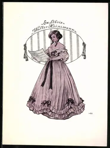 Exlibris Walter Heinmann, Dame im Biedermeier-Kleid mit Notenblatt