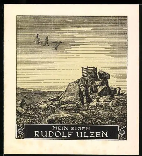 Exlibris Rudolf Ulzen, Landschaft mit Aussichtspunkt und Zugvögeln