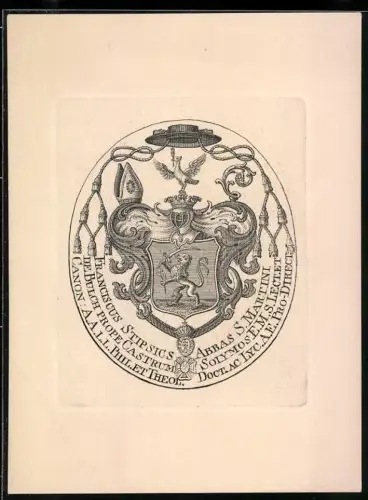 Exlibris Franciscus Stipsics, Wappen im ornamentalen Rahmen mit Kardinalshut