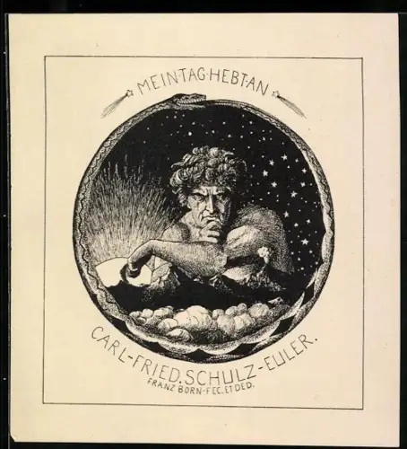 Exlibris Carl-Fried. Schulz-Euler, Mein Tag hebt an, Hephaistos im Ouroboros-Rahmen