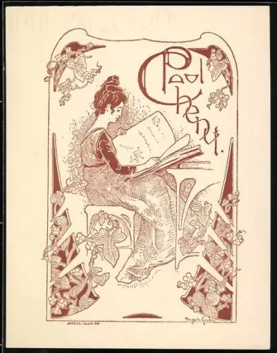 Exlibris Paul Chenut, Frau beim Lesen, Jugendstil-Ornamentik