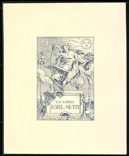 Exlibris Karl Muth, Harfespielende Figur mit Phönix